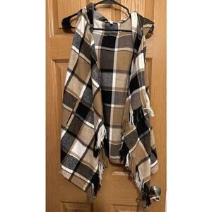 Sweet Generis Plaid Tassel Cardigan Vest With Hood Size L Festival Casual
